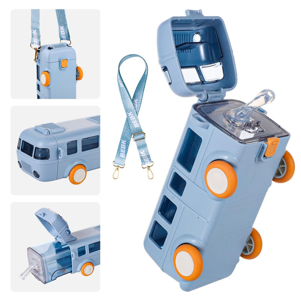 School Buddy Bus Water Bottle for Kids with straw and strip