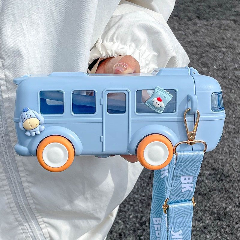 School Buddy Bus Water Bottle for Kids with straw and strip