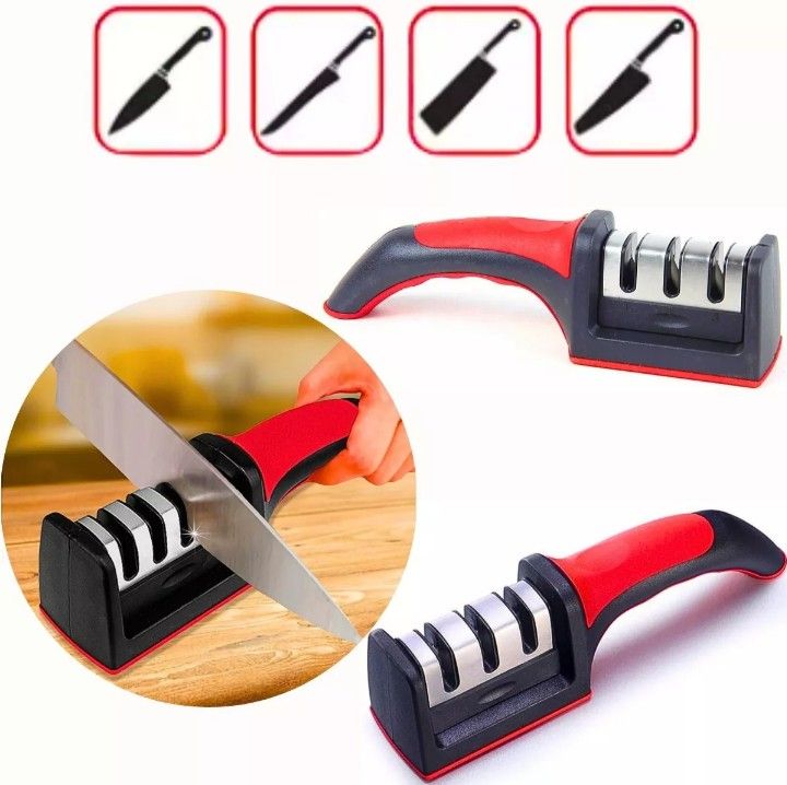 Professional 3-Stage Knife Sharpener - Tungsten Steel, Diamond & Ceramic Sharpening Stones - Manual Kitchen Knife Sharpening Tool for Dull Knives & Scissors