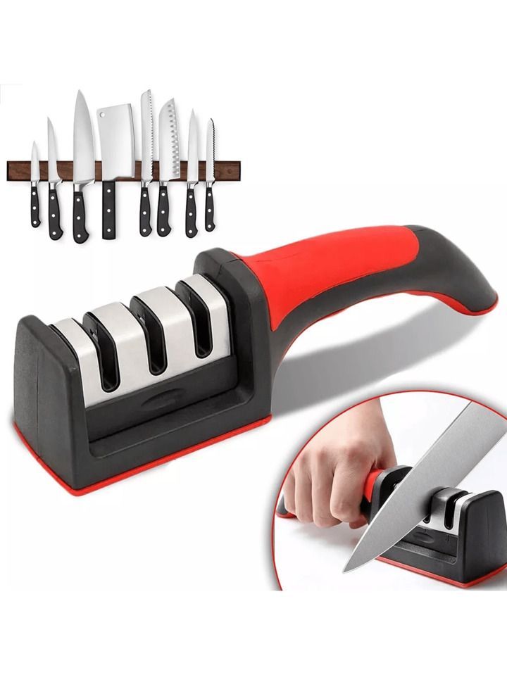 Professional 3-Stage Knife Sharpener - Tungsten Steel, Diamond & Ceramic Sharpening Stones - Manual Kitchen Knife Sharpening Tool for Dull Knives & Scissors